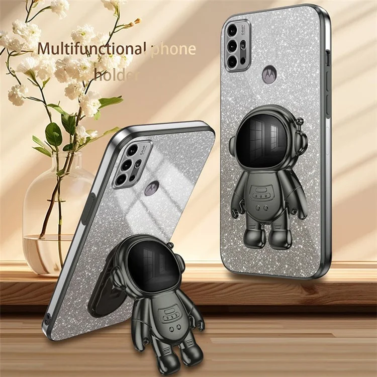 Pour Motorola Moto G30 Coque Astronaute Support Electroplage Housse de Téléphone - Noir