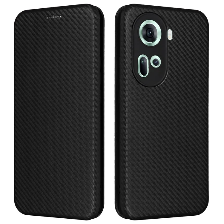 Custodia in pelle per Oppo Reno11 5G (Global), chiusura magnetica automatica, texture in fibra di carbonio - Nero