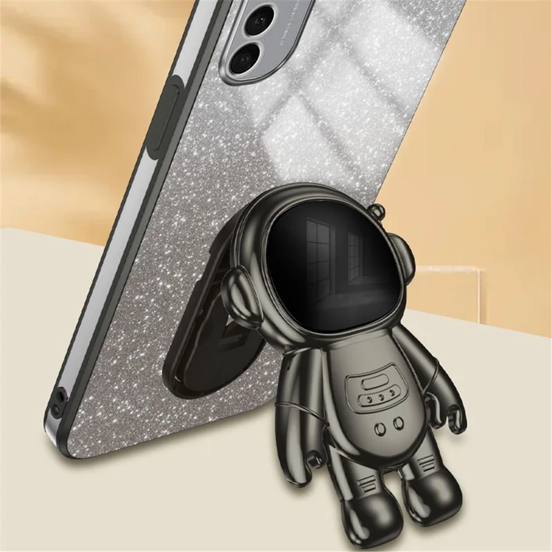 For Motorola Moto E32 4G Case Electroplating Phone Cover with Astronaut Kickstand - Black