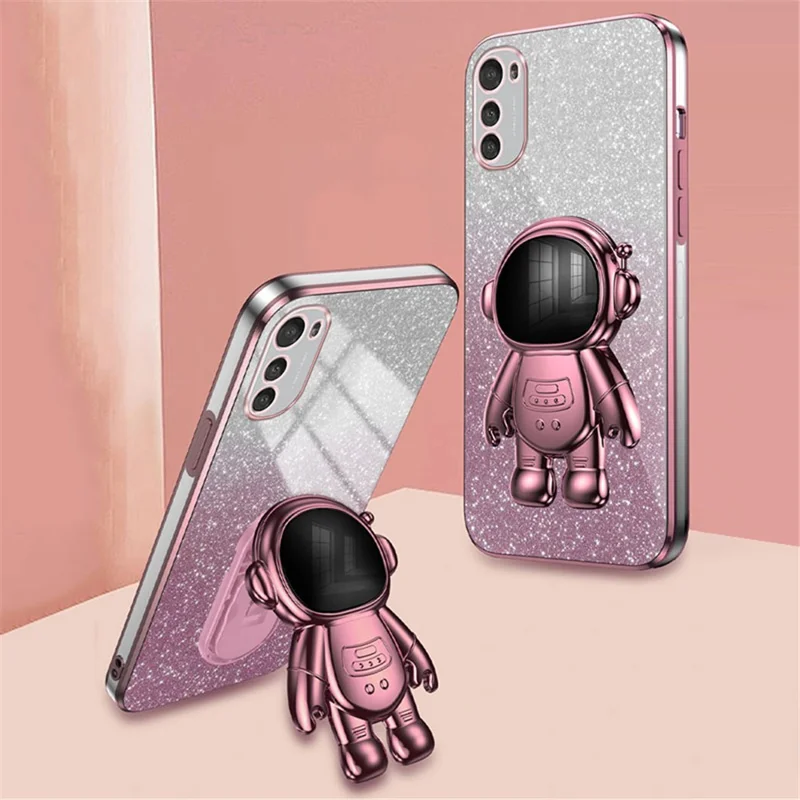 Voor Motorola Moto E32 4G hoesje met elektrolytische bekleding en astronaut standaard - Roze