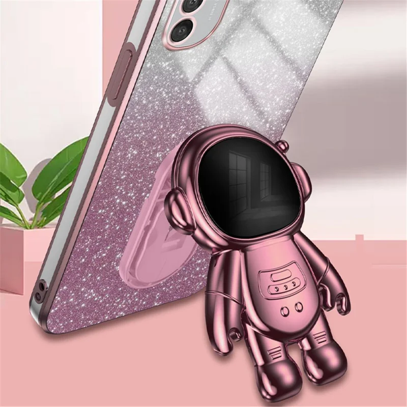 Voor Motorola Moto E32 4G hoesje met elektrolytische bekleding en astronaut standaard - Roze