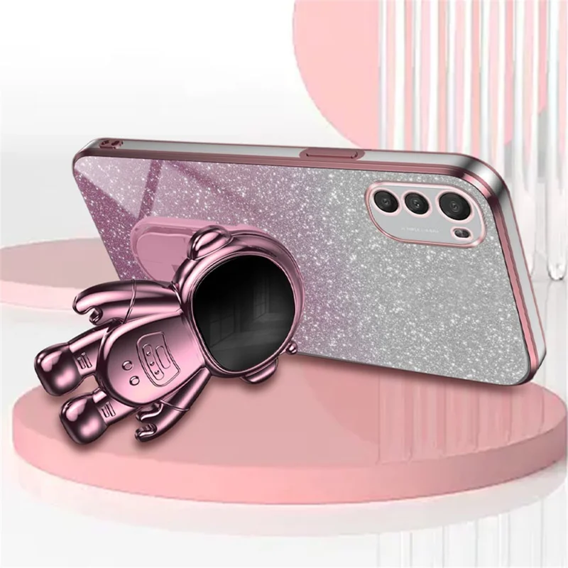 Voor Motorola Moto E32 4G hoesje met elektrolytische bekleding en astronaut standaard - Roze