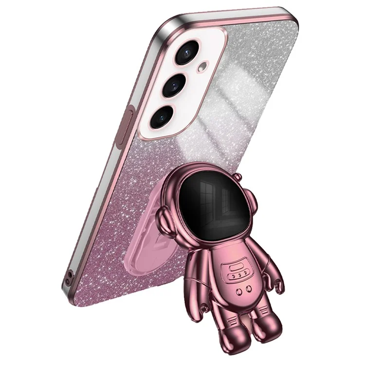 Para Samsung Galaxy S23 FE Case Proteção de Telefone com Revestimento Eletrolítico PC+TPU Capa com Suporte Astronauta - Rosa