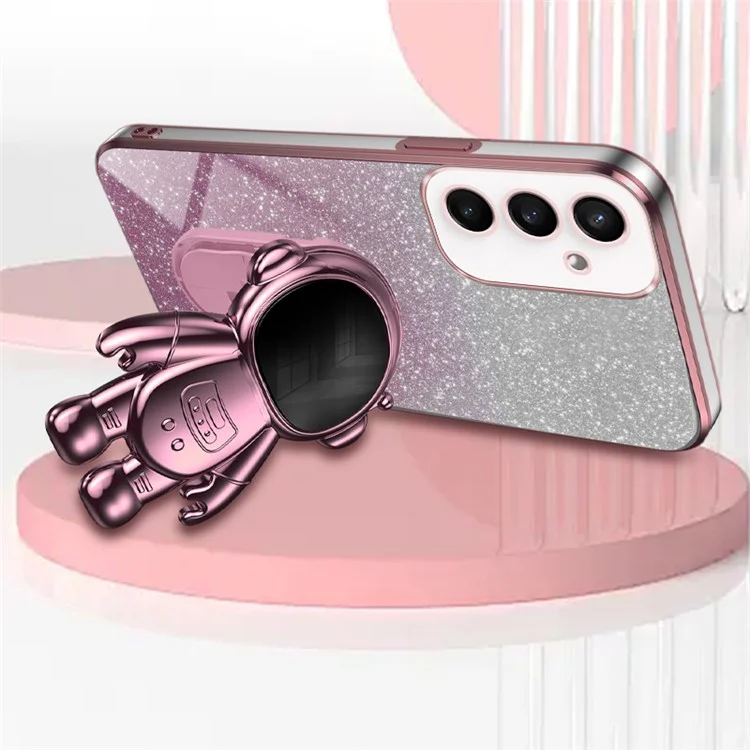 Para Samsung Galaxy S23 FE Case Proteção de Telefone com Revestimento Eletrolítico PC+TPU Capa com Suporte Astronauta - Rosa