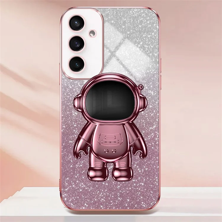 Para Samsung Galaxy S23 FE Case Proteção de Telefone com Revestimento Eletrolítico PC+TPU Capa com Suporte Astronauta - Rosa