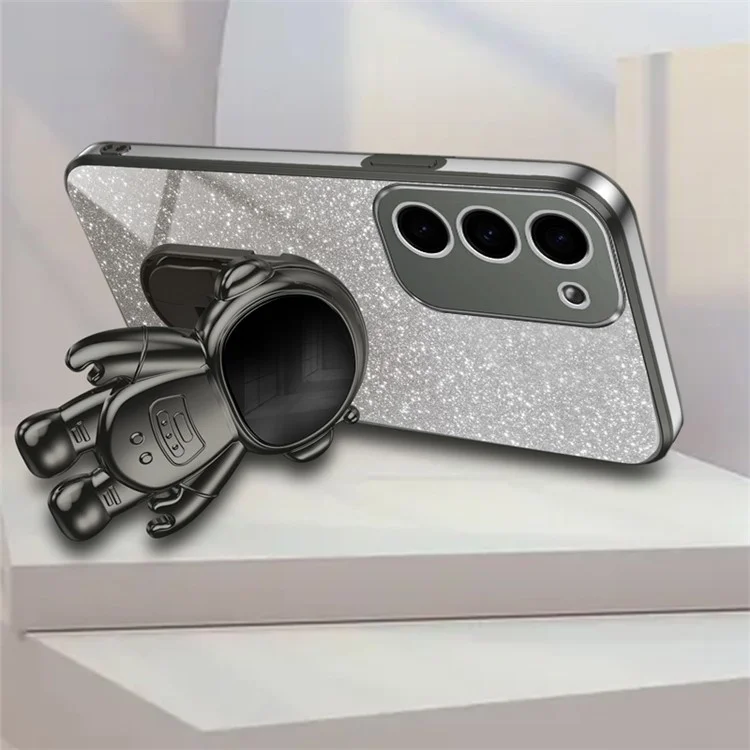 Para Samsung Galaxy S23+ Glitter Powder Phone Case Astronaut Kickstand PC+TPU Cover - Preto