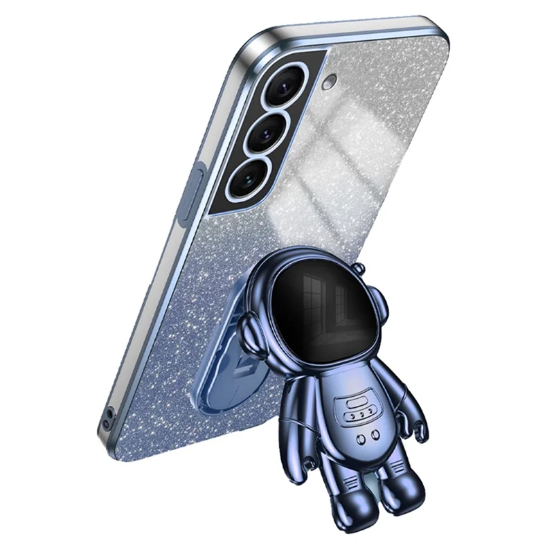 Für Samsung Galaxy S21 FE 5G PC+TPU-Hülle Anti-Kratzer Handyhülle mit Astronauten-Ständer - Blau