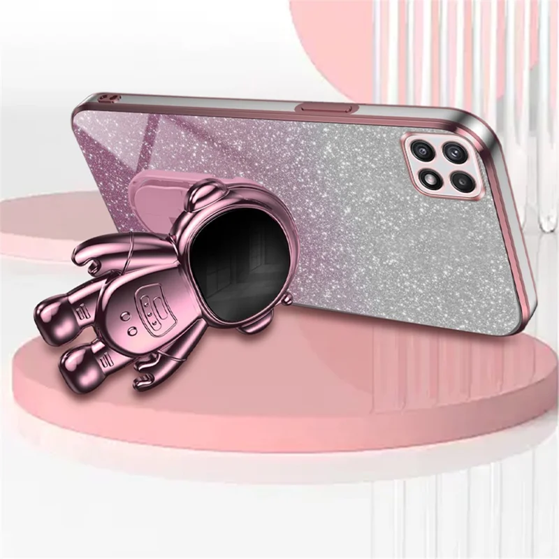 For Samsung Galaxy A22 5G (EU Version) Dustproof Phone Cover Astronaut Kickstand PC+TPU Case - Pink