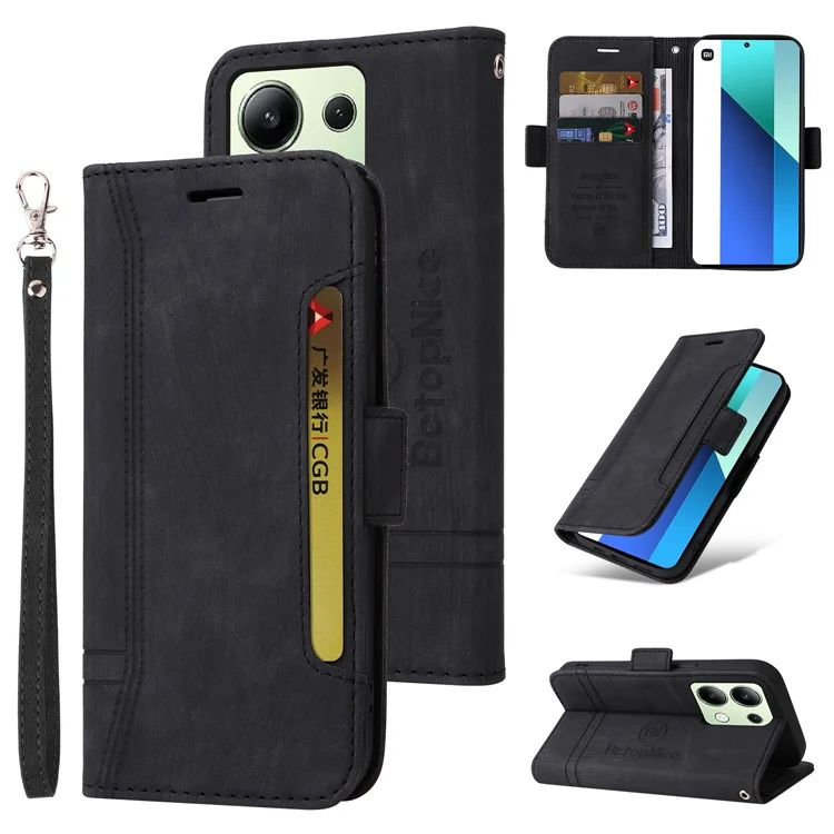 BETOPNICE 001 für Xiaomi Redmi Note 13 4G Case Bedruckter Ledertelefongeldbeutel - Schwarz