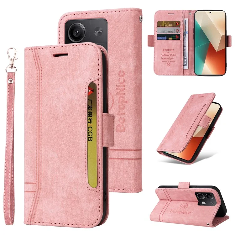 Betopnice 001 Pour Xiaomi Redmi Note 13 5G / Redmi Note 13 5G (chine) Couverture en Cuir D'empreinte - Rose