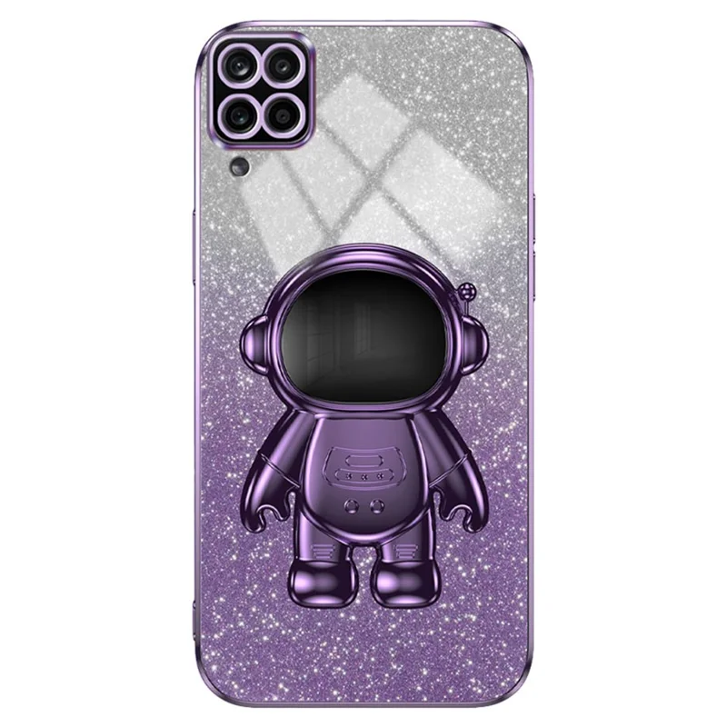 For Samsung Galaxy A12 Case Glitter Powder Astronaut Stand PC+TPU Telefonbeskyttelsesdæksel - Lilla