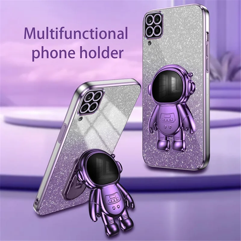 For Samsung Galaxy A12 Case Glitter Powder Astronaut Stand PC+TPU Telefonbeskyttelsesdæksel - Lilla