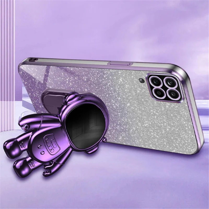For Samsung Galaxy A12 Case Glitter Powder Astronaut Stand PC+TPU Telefonbeskyttelsesdæksel - Lilla