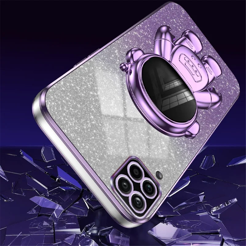 For Samsung Galaxy A12 Case Glitter Powder Astronaut Stand PC+TPU Telefonbeskyttelsesdæksel - Lilla