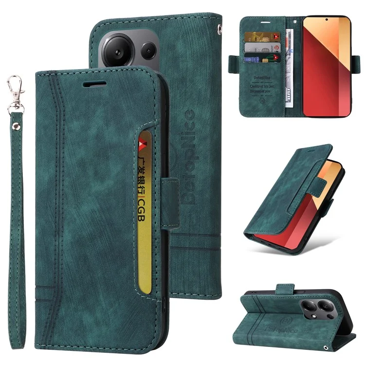 BETOPNICE 001 для Xiaomi Redmi Note 13 Pro 4G / Poco M6 Pro 4G Чехол с ручным ремешком Кожаный бумажник Чехол - Зеленый
