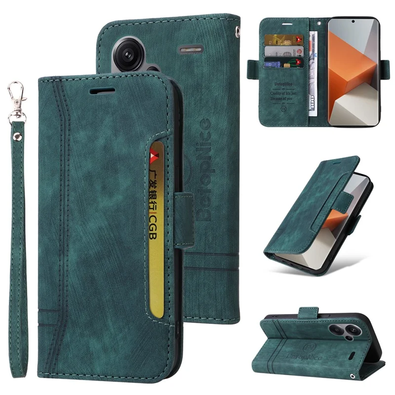 BETOPNICE 001 for Xiaomi Redmi Note 13 Pro+ 5G Phone Case Imprinted Lines Pattern Wallet Cover - Green