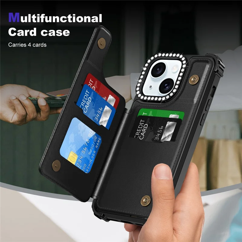 ZM15 For iPhone 15 Phone Case Rhinestone Decor Card Slots Phone Cover  - Black