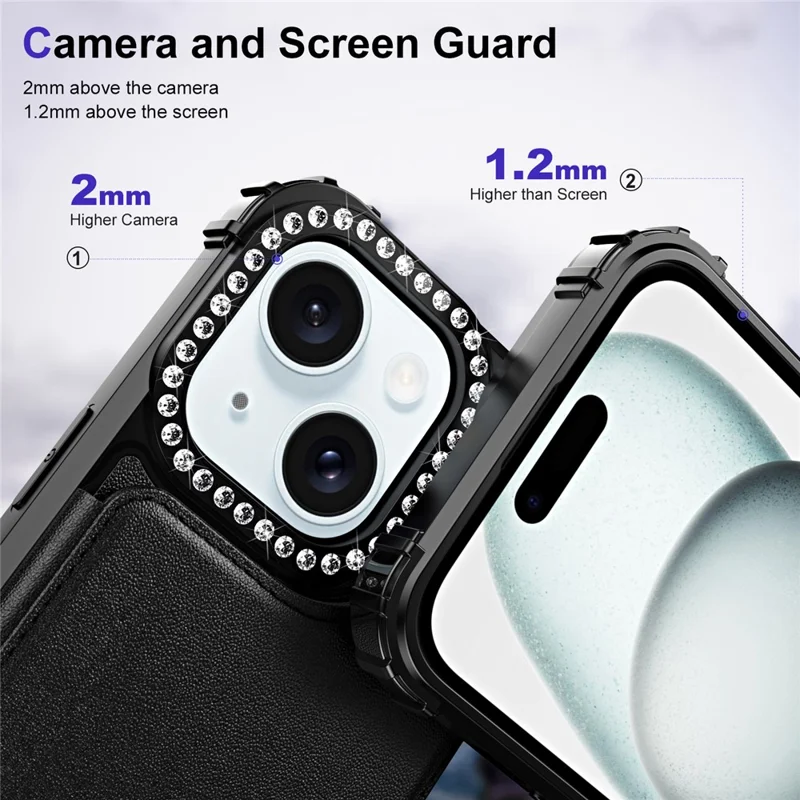 ZM15 For iPhone 15 Phone Case Rhinestone Decor Card Slots Phone Cover  - Black