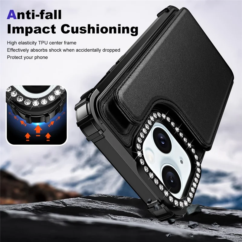 ZM15 For iPhone 15 Phone Case Rhinestone Decor Card Slots Phone Cover  - Black