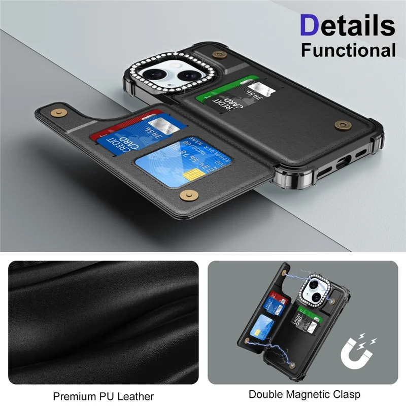 ZM15 For iPhone 15 Phone Case Rhinestone Decor Card Slots Phone Cover  - Black