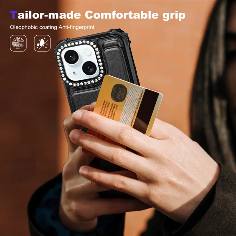 ZM15 For iPhone 15 Phone Case Rhinestone Decor Card Slots Phone Cover  - Black