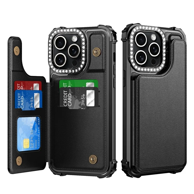 ZM15 Para Capa de iPhone 15 Pro Max Porta-cartões Suporte de Telefone Decoração de Strass - Preto