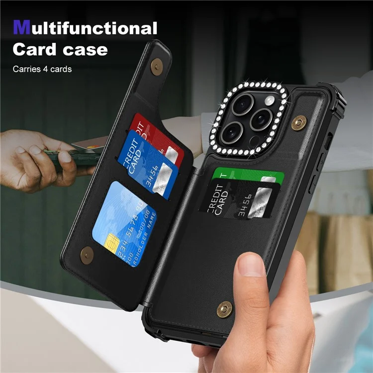 ZM15 Para Capa de iPhone 15 Pro Max Porta-cartões Suporte de Telefone Decoração de Strass - Preto