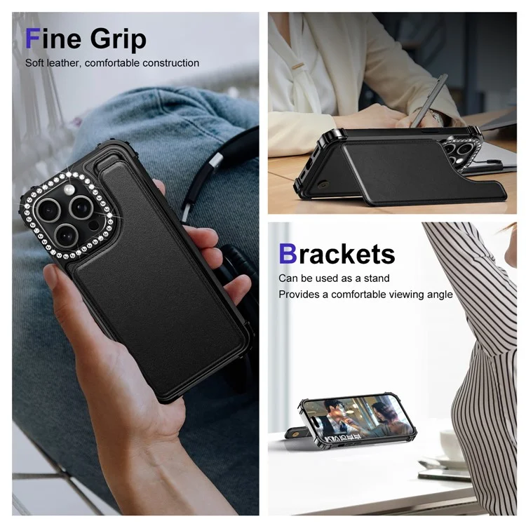 ZM15 Para Capa de iPhone 15 Pro Max Porta-cartões Suporte de Telefone Decoração de Strass - Preto