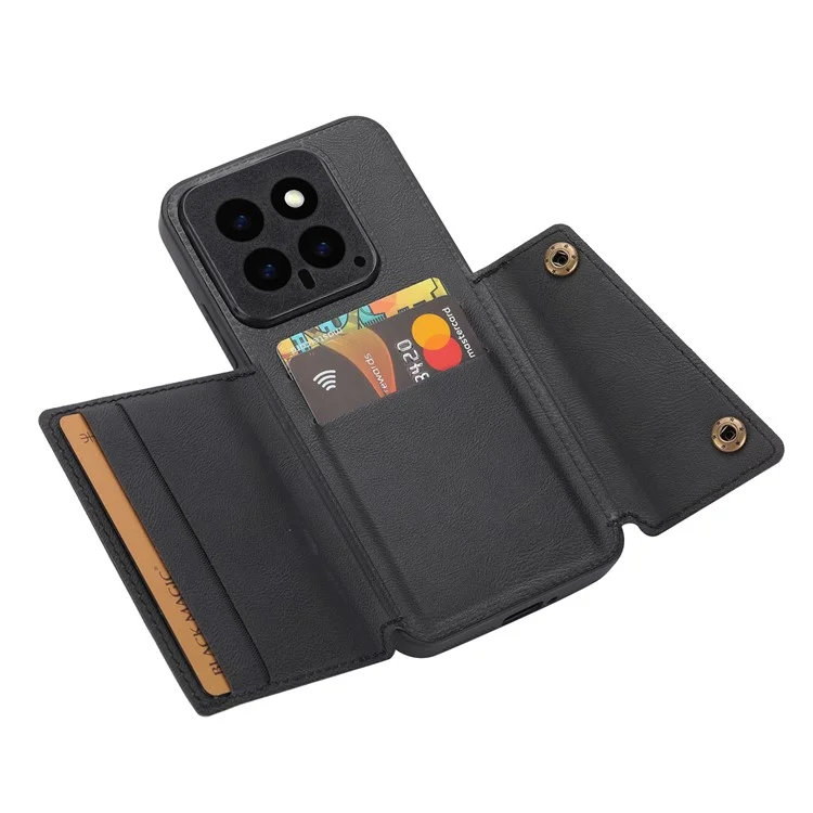 For Xiaomi 14 Case Card Holder PU Leather Coated TPU Kickstand Phone Cover - Black