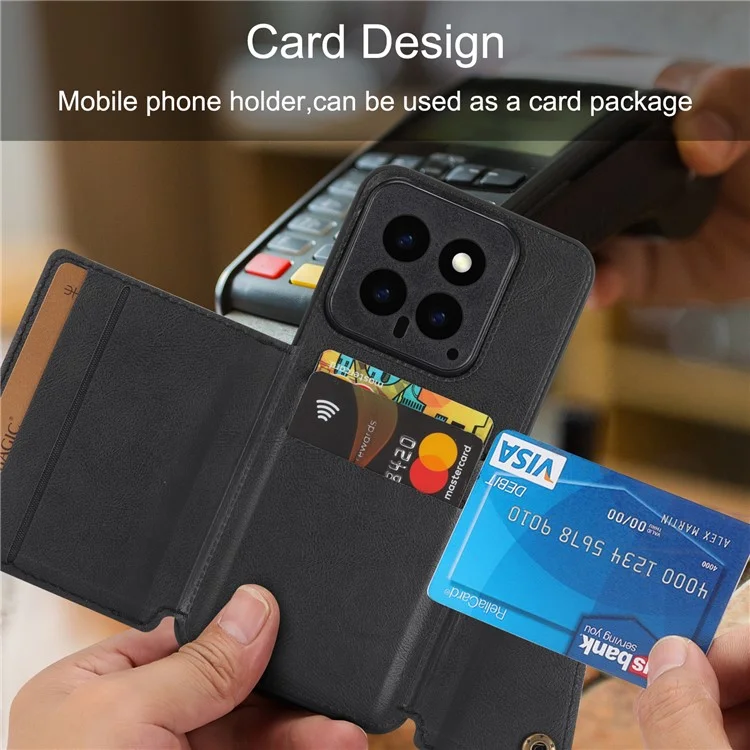 Funda para Xiaomi 14 con Portacartés de Piel PU Revestida de TPU con Soporte - Negro