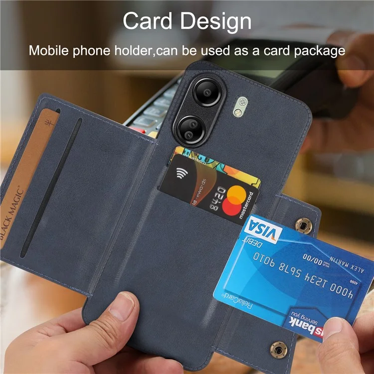 Para Xiaomi Redmi 13C 4G / Poco C65 4G Kickstand Case Card Holder Leather+TPU Cover - Azul