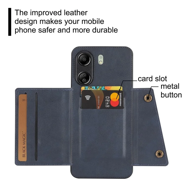 Para Xiaomi Redmi 13C 4G / Poco C65 4G Kickstand Case Card Holder Leather+TPU Cover - Azul