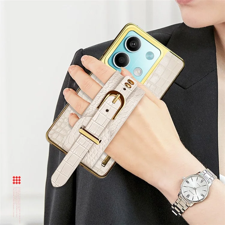 For Xiaomi Redmi Note 13 5G Cell Phone Case Wristband Design Electroplating Crocodile Texture Cover - White
