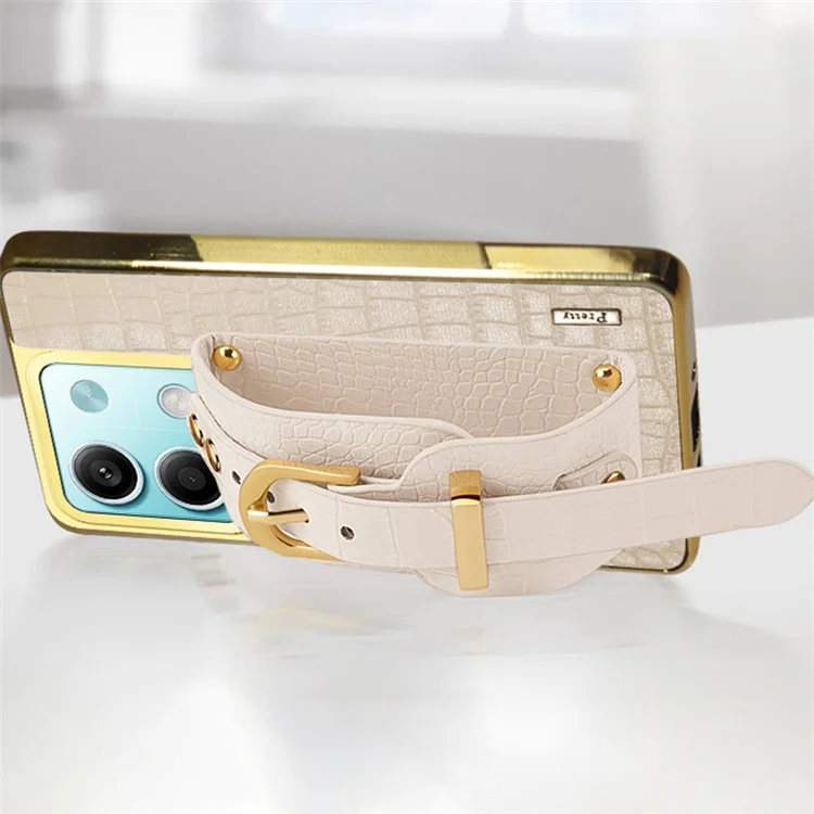 For Xiaomi Redmi Note 13 5G Cell Phone Case Wristband Design Electroplating Crocodile Texture Cover - White
