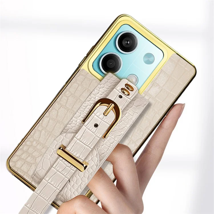 For Xiaomi Redmi Note 13 5G Cell Phone Case Wristband Design Electroplating Crocodile Texture Cover - White