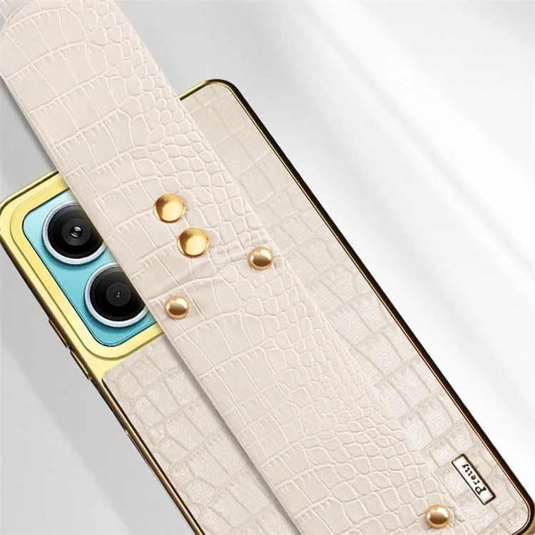 For Xiaomi Redmi Note 13 5G Cell Phone Case Wristband Design Electroplating Crocodile Texture Cover - White