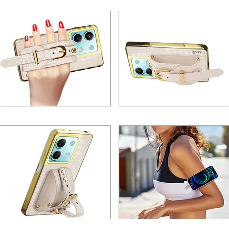For Xiaomi Redmi Note 13 5G Cell Phone Case Wristband Design Electroplating Crocodile Texture Cover - White