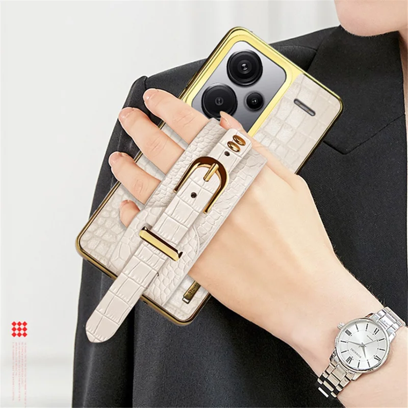 For Xiaomi Redmi Note 13 Pro+ 5G Cell Phone Case Electroplated Leather+TPU Wristband Kickstand Cover - White