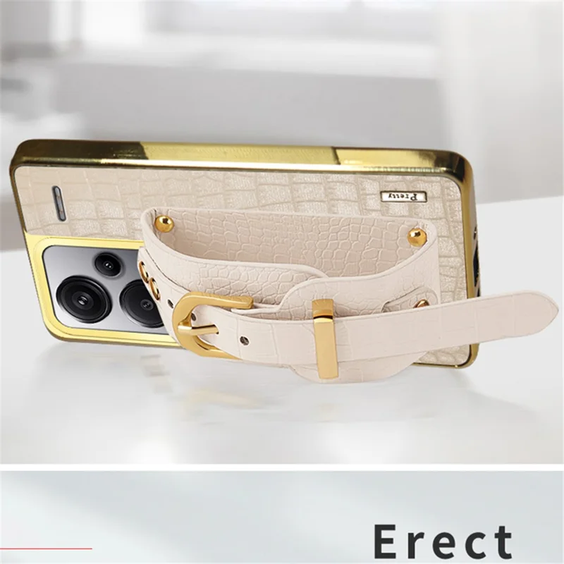 For Xiaomi Redmi Note 13 Pro+ 5G Cell Phone Case Electroplated Leather+TPU Wristband Kickstand Cover - White