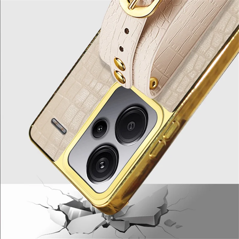 For Xiaomi Redmi Note 13 Pro+ 5G Cell Phone Case Electroplated Leather+TPU Wristband Kickstand Cover - White