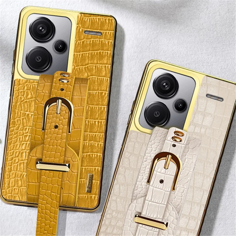 For Xiaomi Redmi Note 13 Pro+ 5G Cell Phone Case Electroplated Leather+TPU Wristband Kickstand Cover - White