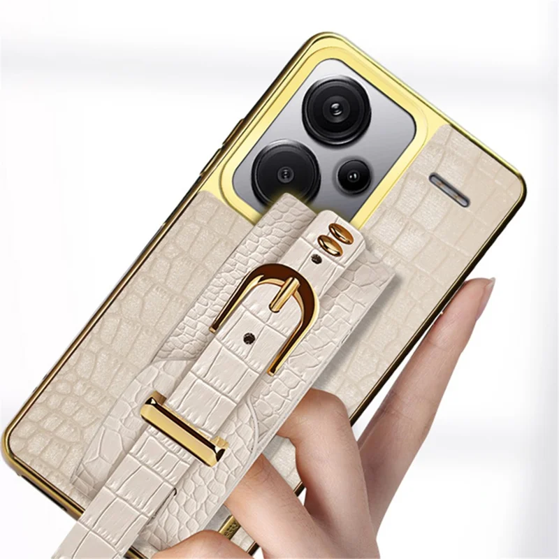 For Xiaomi Redmi Note 13 Pro+ 5G Cell Phone Case Electroplated Leather+TPU Wristband Kickstand Cover - White