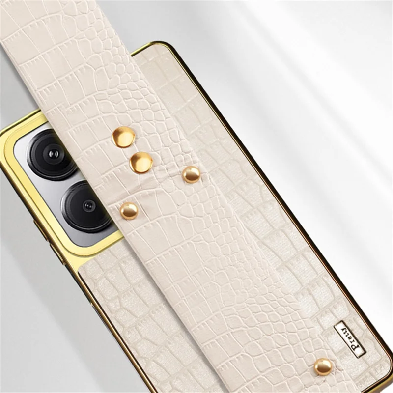 For Xiaomi Redmi Note 13 Pro+ 5G Cell Phone Case Electroplated Leather+TPU Wristband Kickstand Cover - White