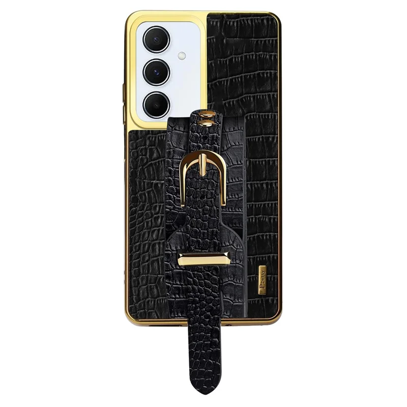 For Xiaomi Redmi Note 13 Pro+ 5G Cell Phone Case Electroplated Leather+TPU Wristband Kickstand Cover - Black