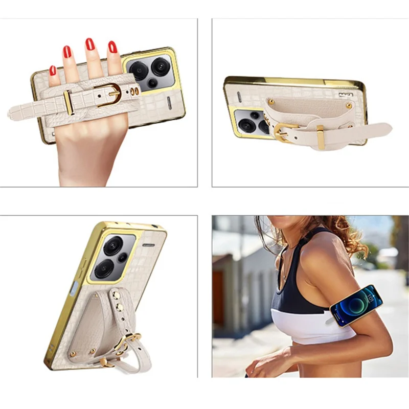For Xiaomi Redmi Note 13 Pro+ 5G Cell Phone Case Electroplated Leather+TPU Wristband Kickstand Cover - Black