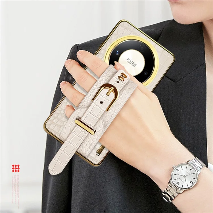 For Honor X9b 5G / Magic6 Lite 5G Cell Phone Case Crocodile Texture Wristband Kickstand Cover - White