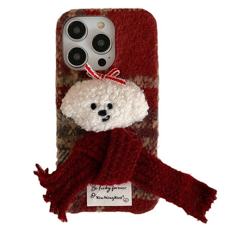 For iPhone 14 Pro Phone Cover Cute Plush Christmas Scarf Dog TPU Back Case - Red