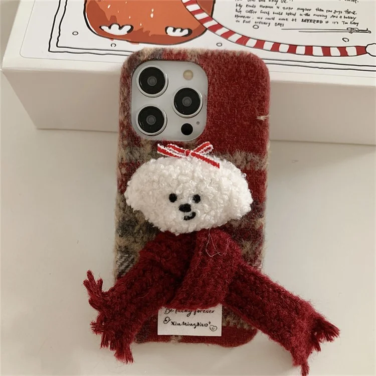For iPhone 14 Pro Phone Cover Cute Plush Christmas Scarf Dog TPU Back Case - Red