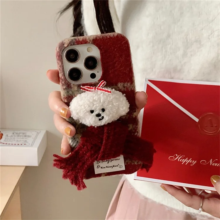 For iPhone 14 Pro Phone Cover Cute Plush Christmas Scarf Dog TPU Back Case - Red