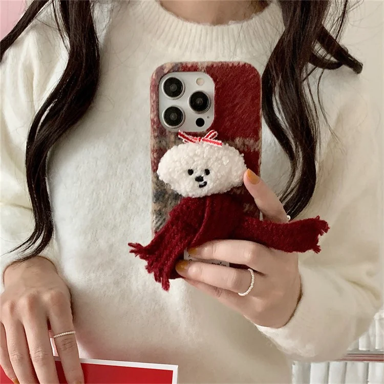 For iPhone 14 Pro Phone Cover Cute Plush Christmas Scarf Dog TPU Back Case - Red